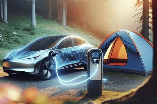 Modèle auto électrique avec une tente de camping à coté